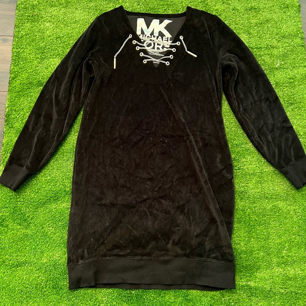 Michael Kors Black Velvet Dress with Silver Chain